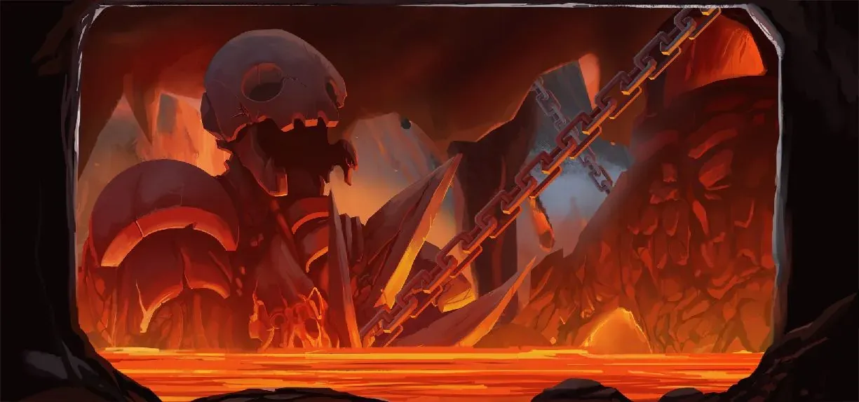 Hookbots key art: a giant skull robot over a lava pit